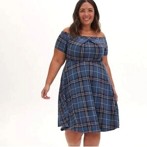 Torrid Blue Plaid Off-Shoulder Dress